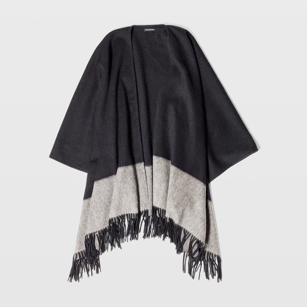 NWT Club Monaco Colorblock Fringed Poncho 100%‎ Black Gray Wool Relaxed Wrap